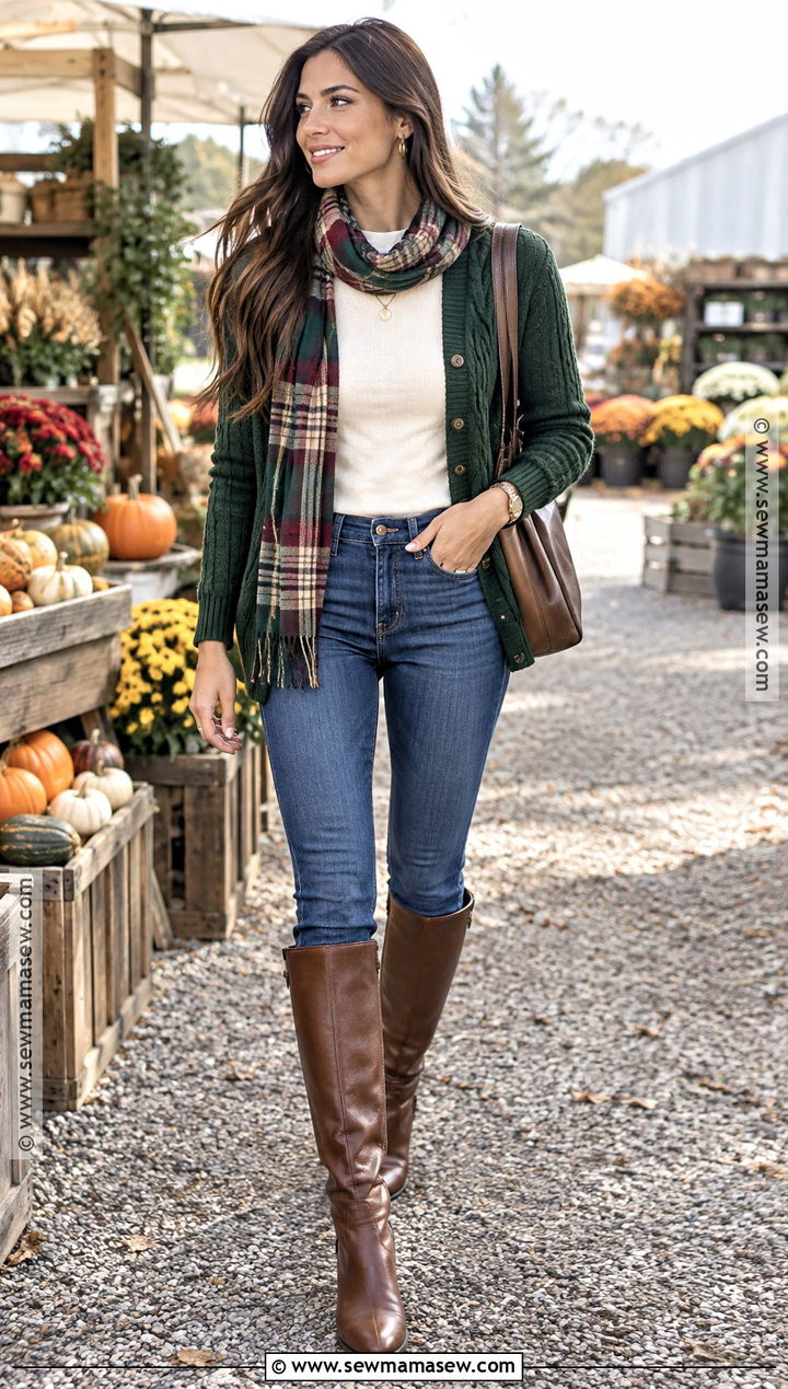 Blue Jeans With A Cable Knit Cardigan And Riding Boots - 20 blue jeans outfit fall