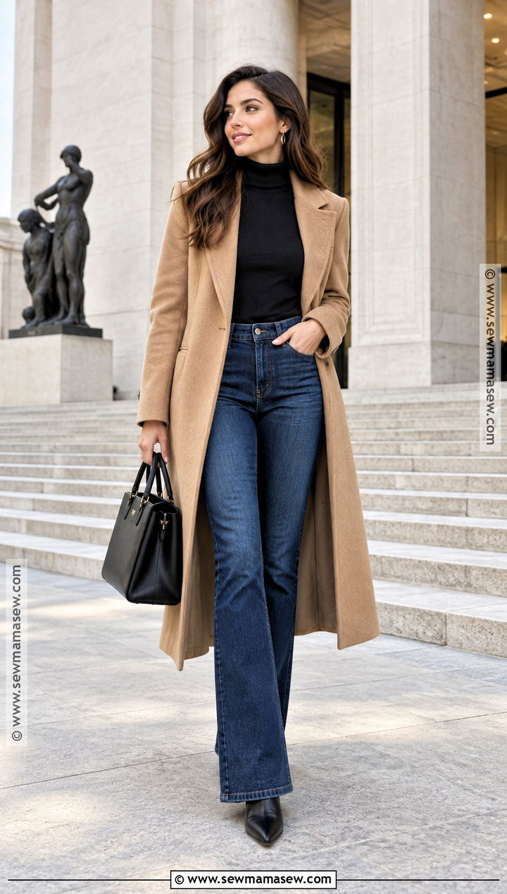 Blue Jeans With A Camel Coat And Turtleneck - 20 blue jeans outfit fall
