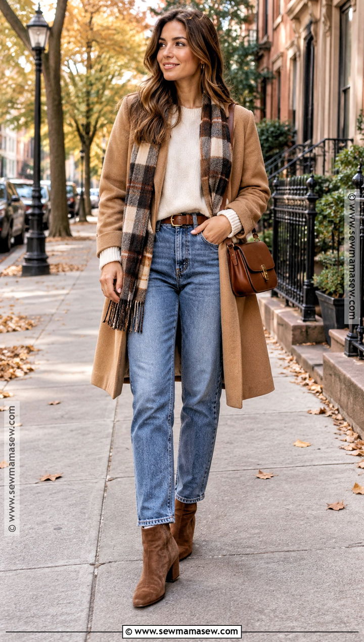 Blue Jeans With A Cream Sweater And Ankle Boots - 20 blue jeans outfit fall