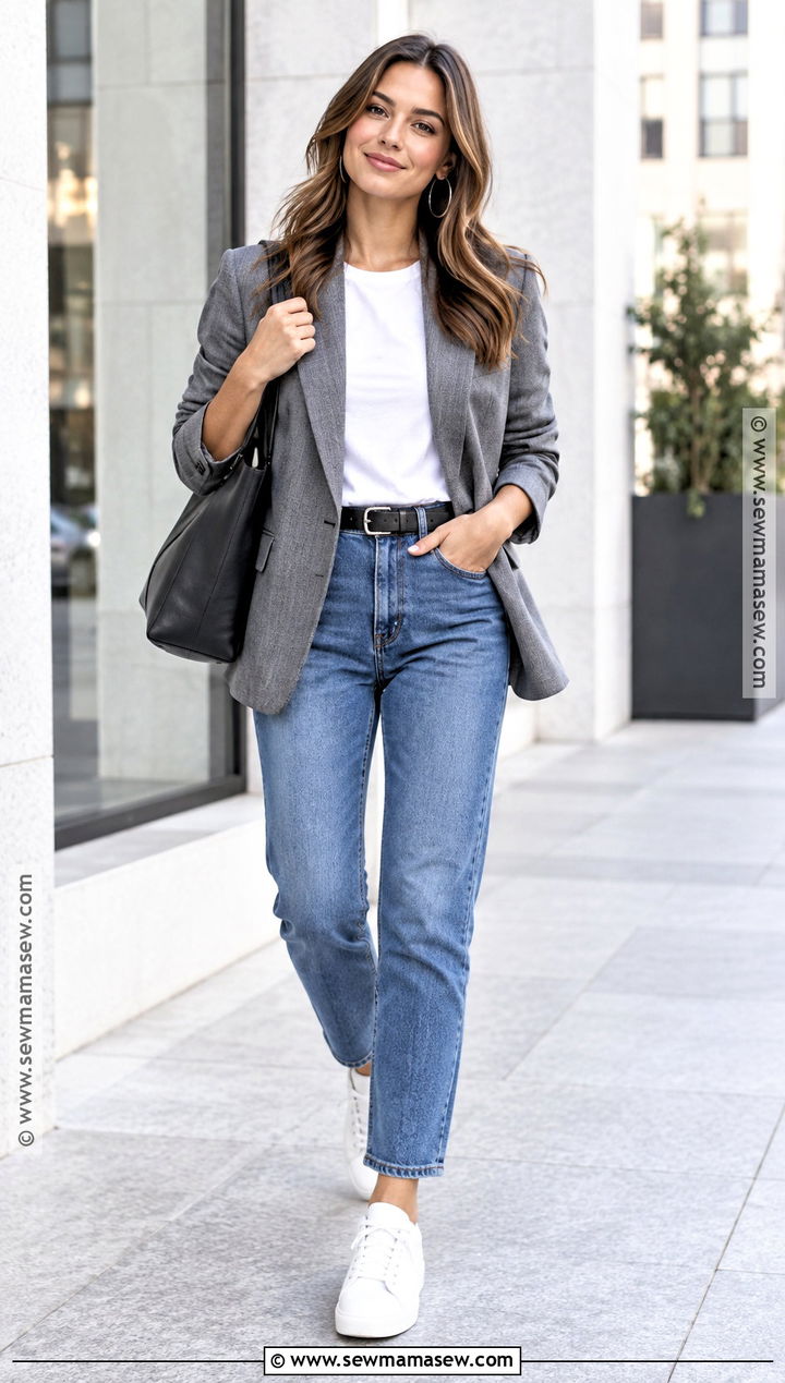 Blue Jeans With A Gray Blazer And Sneakers - 20 blue jeans outfit fall