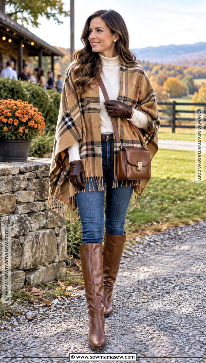 Blue Jeans With A Poncho And Knee High Boots - 20 blue jeans outfit fall