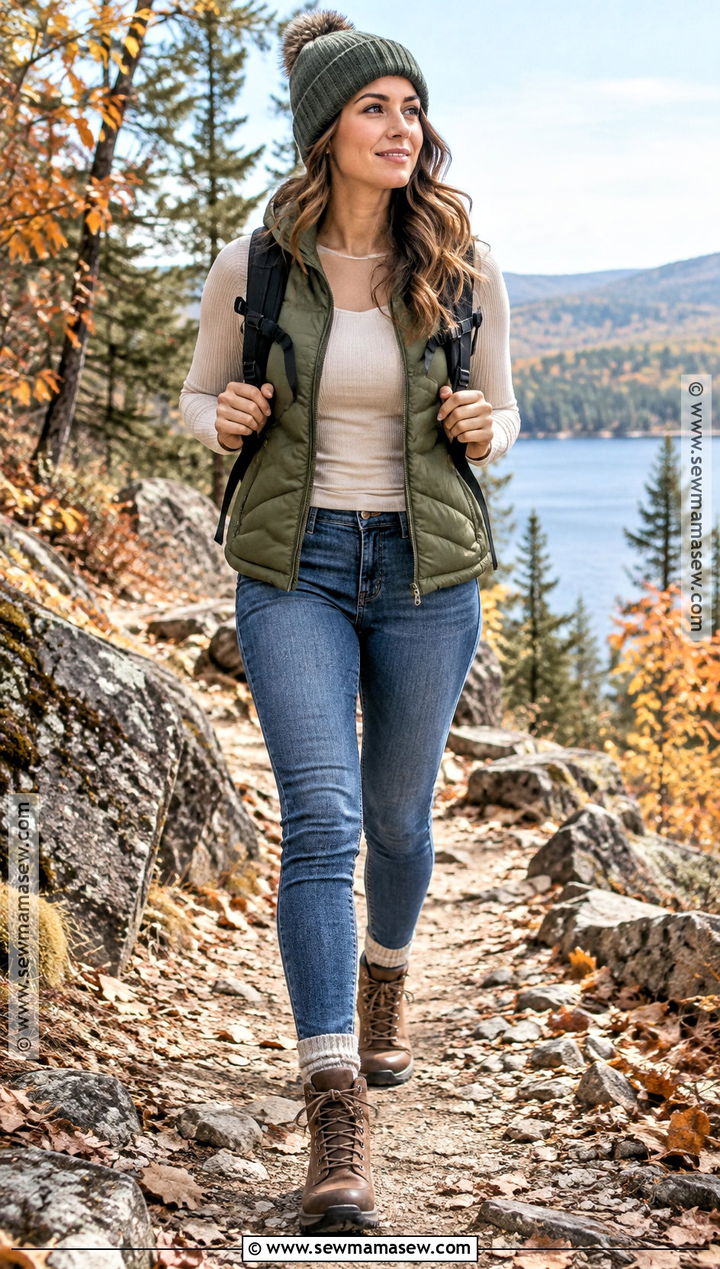 Blue Jeans With A Puffer Vest And Hiking Boots - 20 blue jeans outfit fall