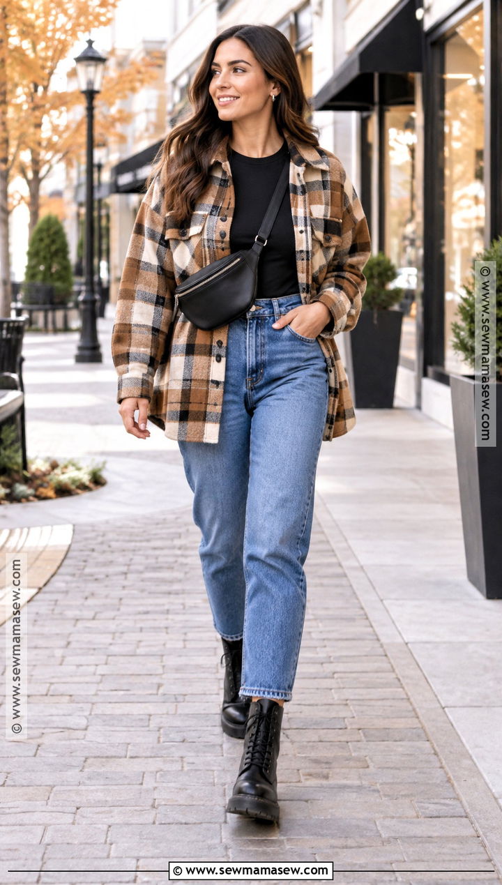 Blue Jeans With A Shacket And Combat Boots - 20 blue jeans outfit fall