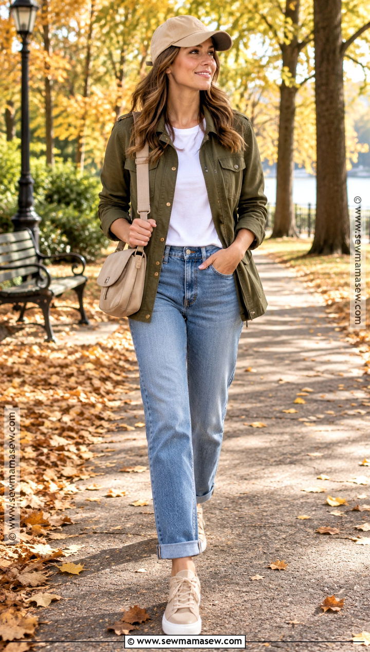 Blue Jeans With A Utility Jacket And Sneakers - 20 blue jeans outfit fall