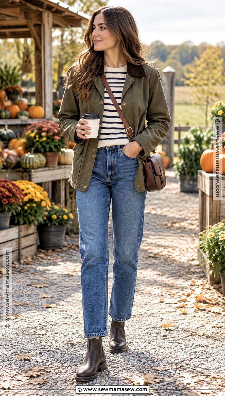 Blue Jeans With Barn Jacket And Striped T Shirt - 25 blue jeans outfit autumn