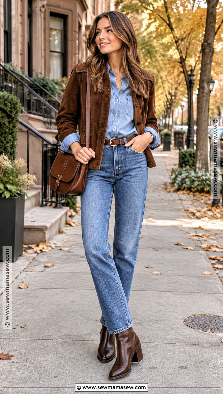 Blue Jeans With Brown Boots and Suede Jacket - 15 fall jean outfits with boots