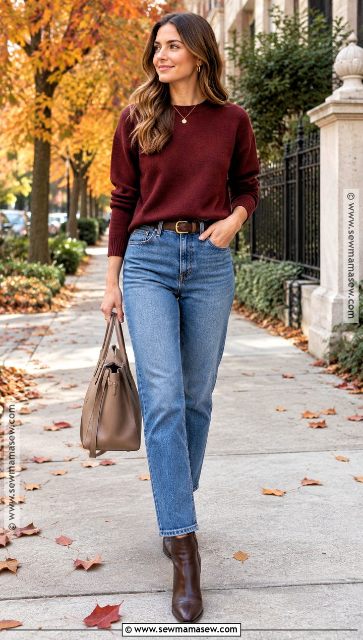 Blue Jeans With Burgundy Sweater And Brown Boots - 25 blue jeans outfit autumn