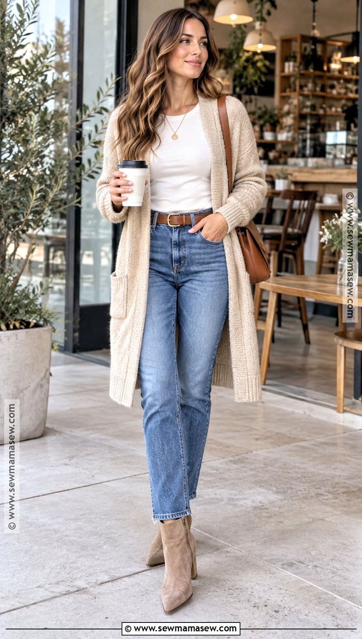 Blue Jeans With Long Cardigan And Ankle Boots - 20 blue jeans fall outfit