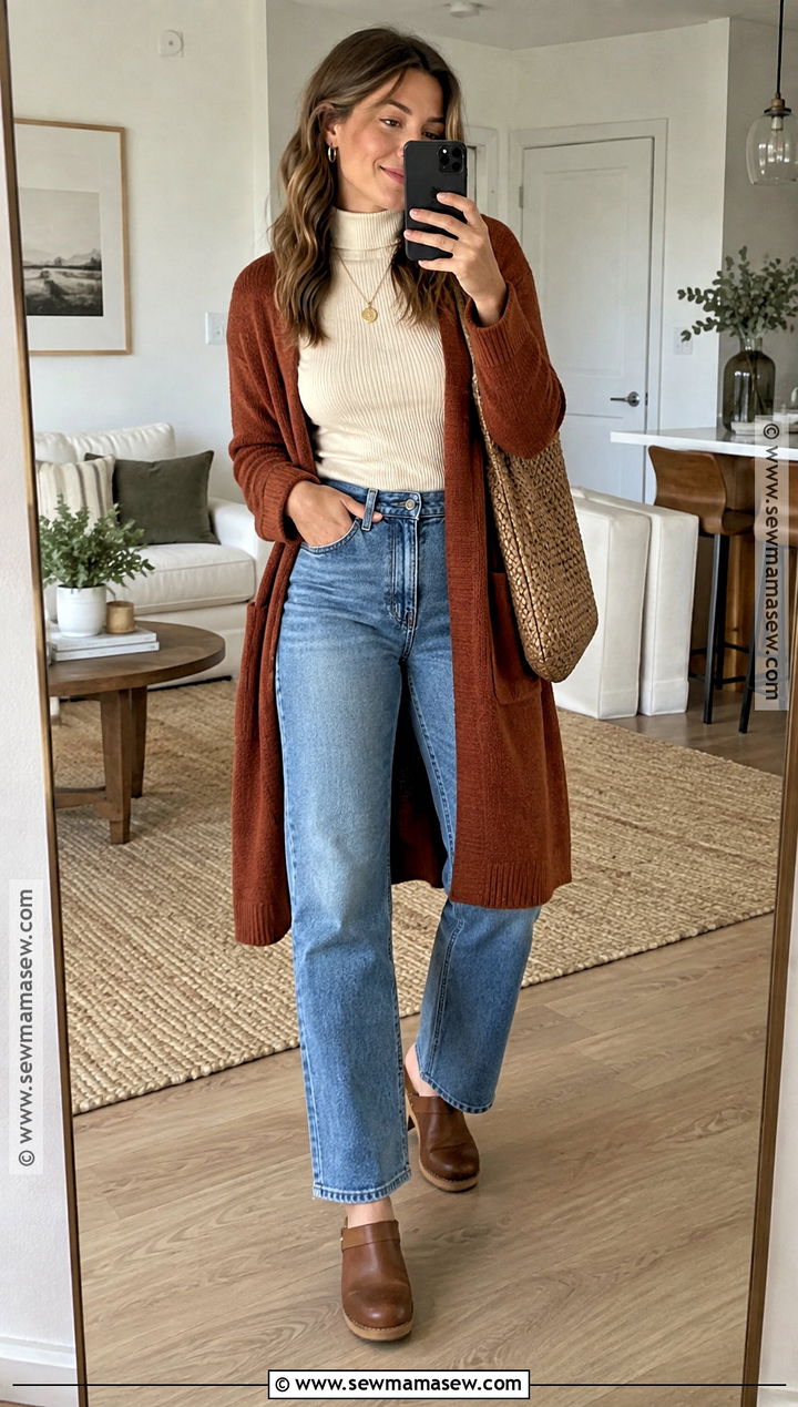 Blue Jeans With Long Cardigan And Clogs - 25 blue jeans outfit autumn