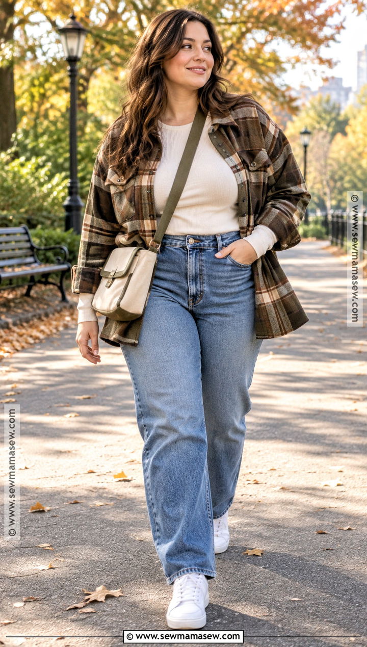 Blue Jeans With Plaid Shacket And Sneakers - 25 blue jeans outfit autumn