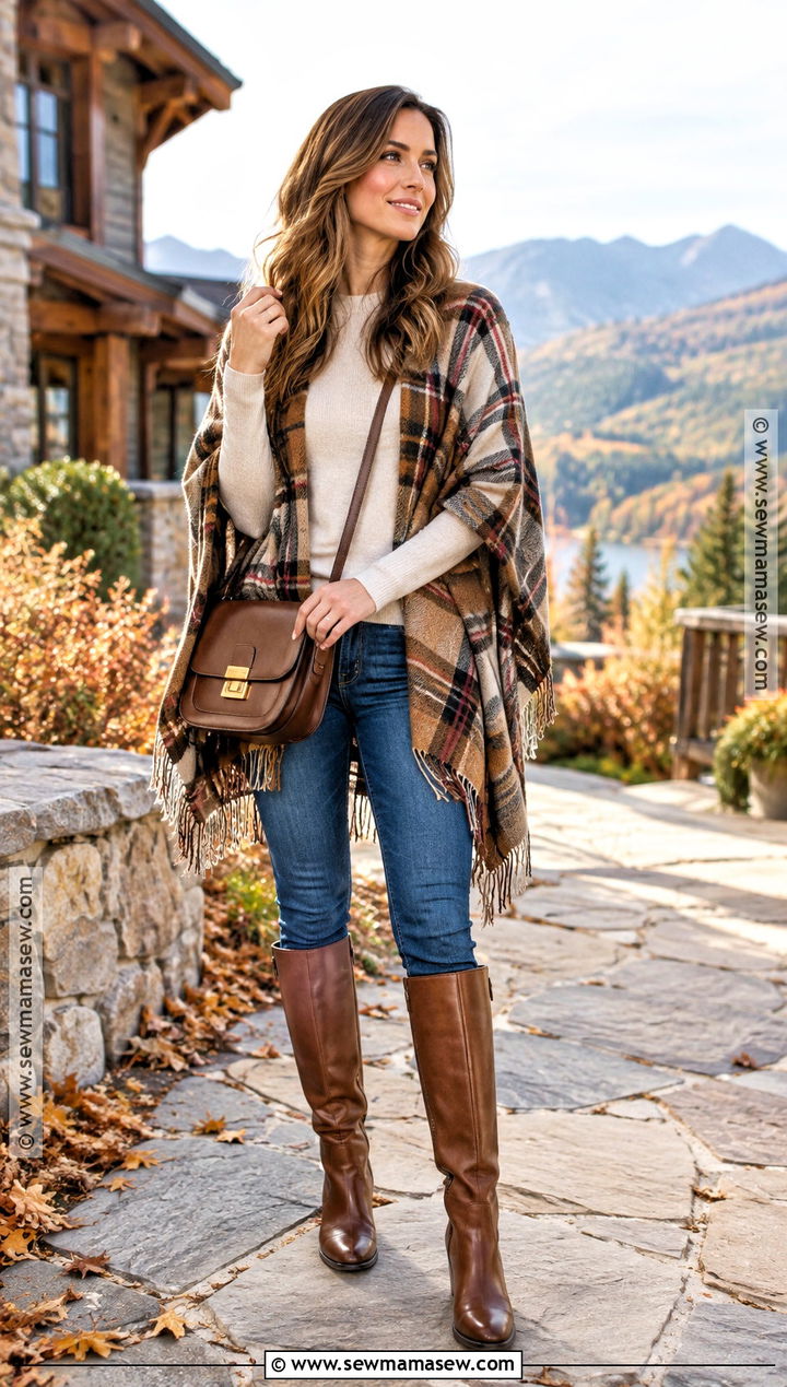 Blue Jeans With Poncho And Knee High Boots - 25 blue jeans outfit autumn