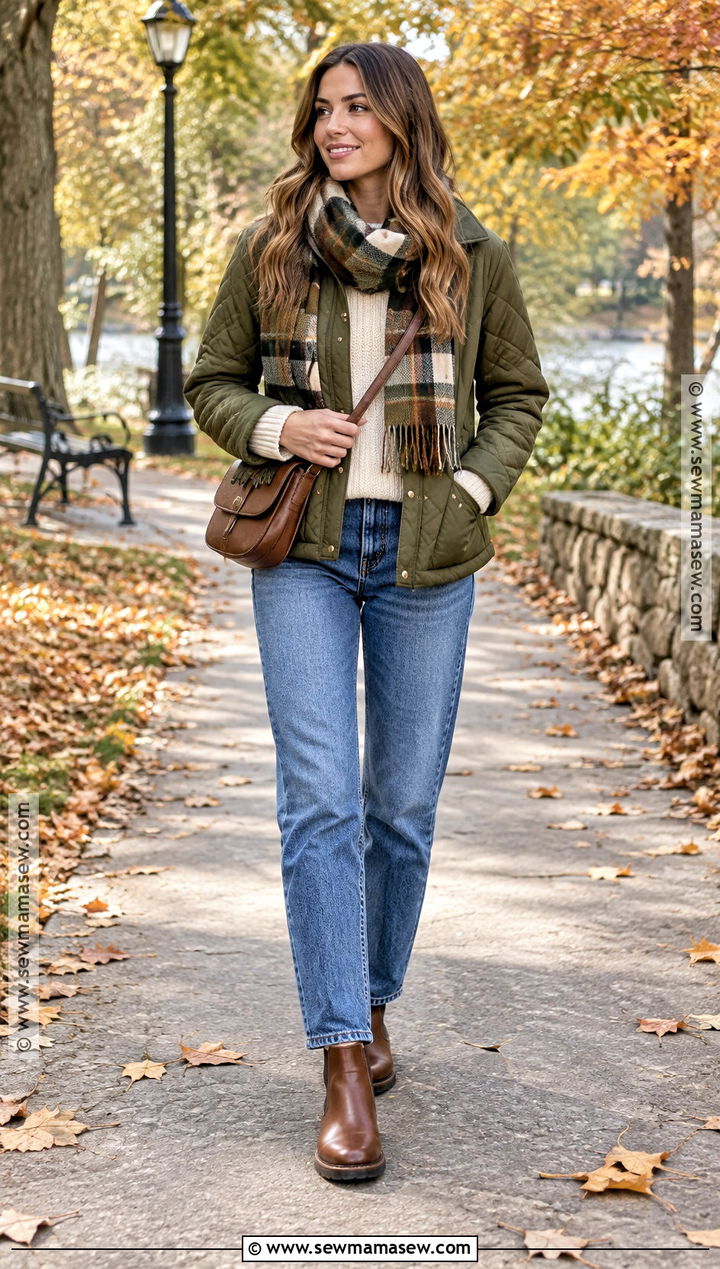 Blue Jeans With Quilted Jacket And Scarf - 25 blue jeans outfit autumn