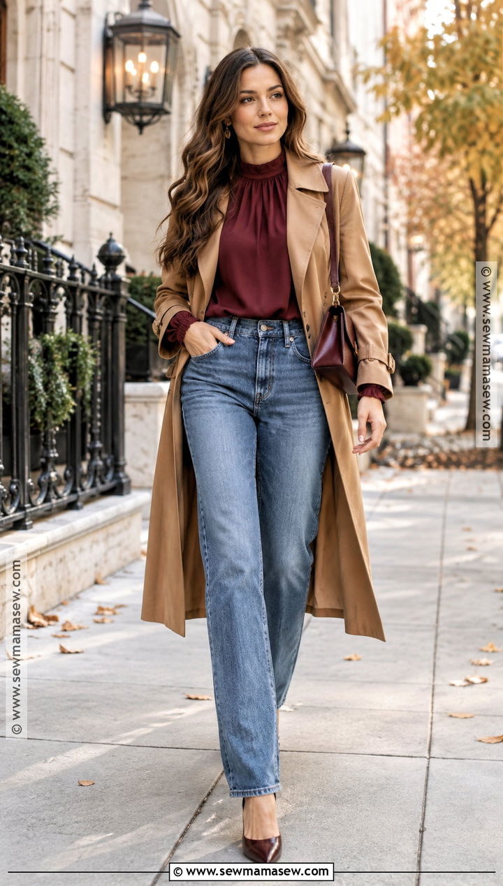 Blue Jeans With Statement Blouse And Trench Coat - 15 jeans going out outfit fall