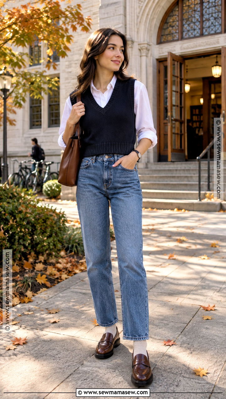 Blue Jeans With Sweater Vest And Button Down Shirt - 20 blue jeans fall outfit