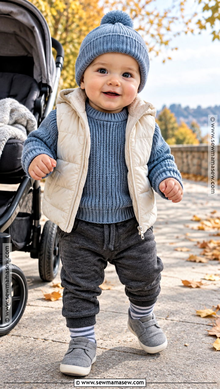 Blue Knit Baby Sweater With Quilted Vest - 15 Knit Baby Sweater Fall Style Ideas