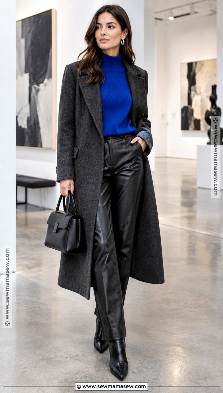 Blue Mock Neck Sweater With Leather Pants - 15 Blue Knitwear Fall Fashion Ideas