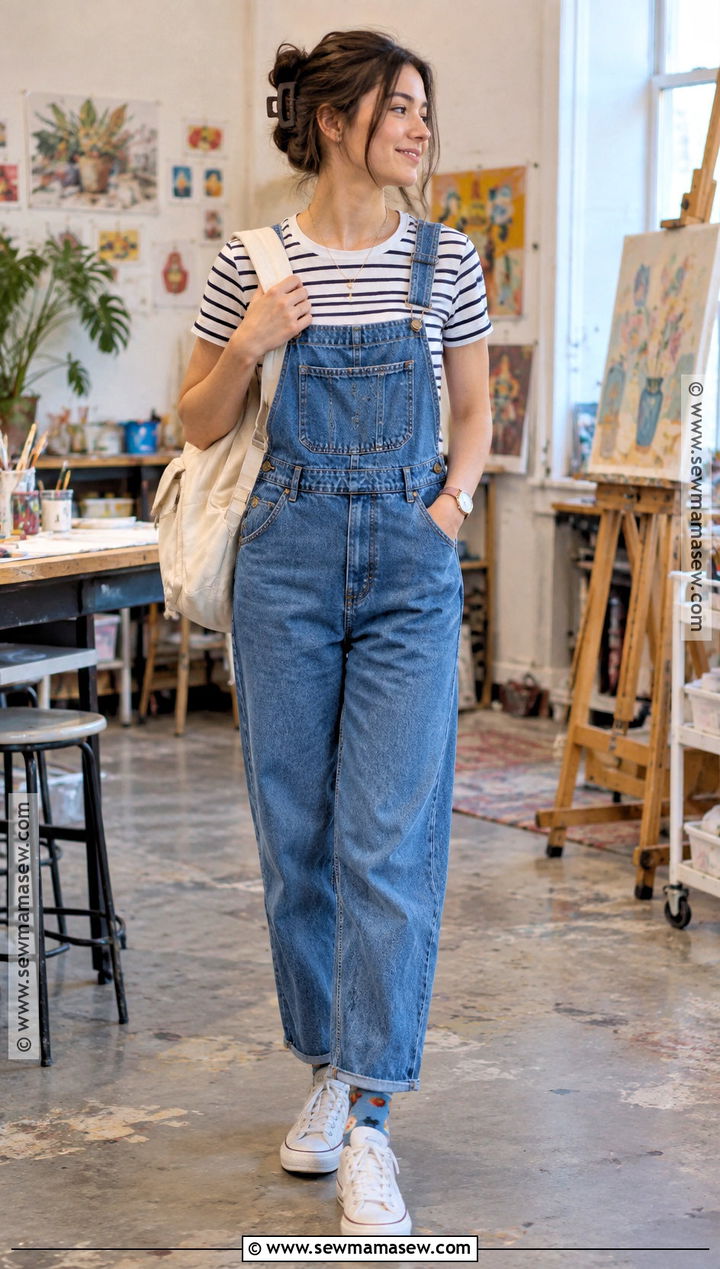 Blue Overalls and Striped Tee Outfit - 20 blue back to school outfits