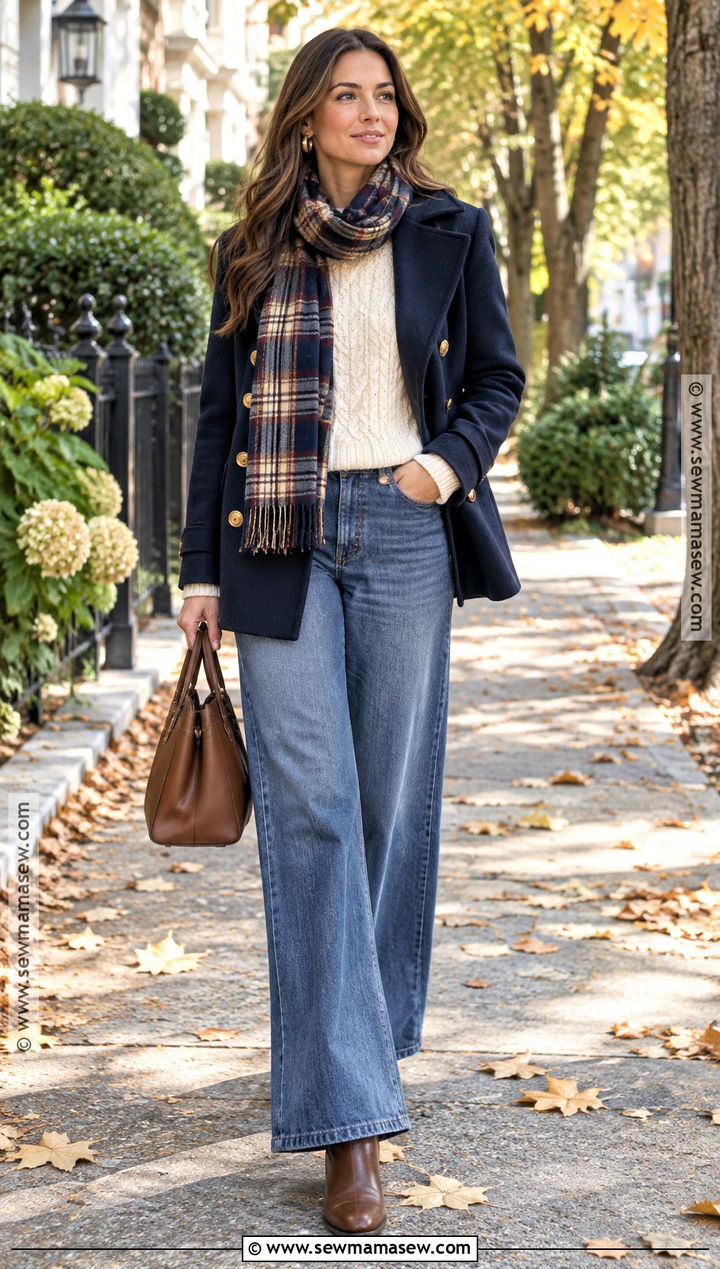 Blue Peacoat and Wide Leg Jeans Outfit - 15 Autumn Blue Outfit Ideas