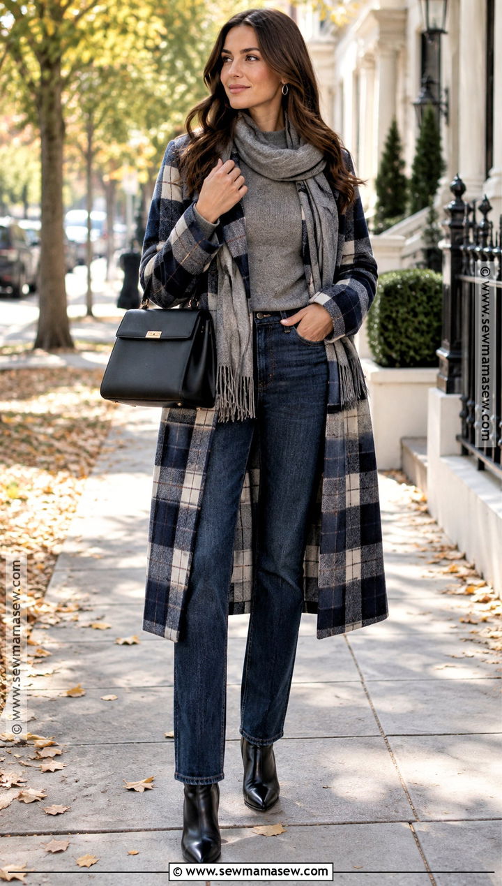 Blue Plaid Coat With Sweater and Jeans - 15 Blue Plaid Fall Fashion Ideas