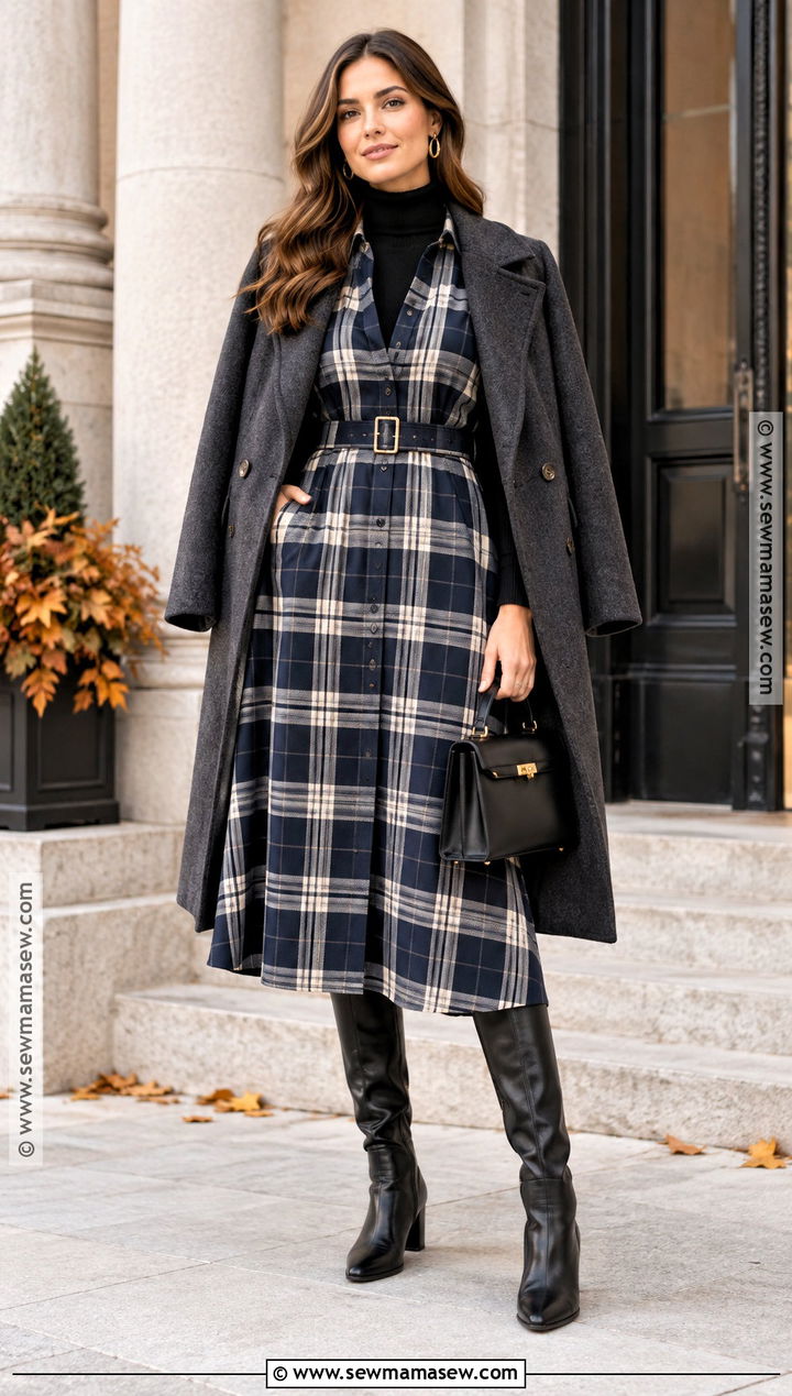 Blue Plaid Dress With Knee High Boots - 15 Blue Plaid Fall Fashion Ideas