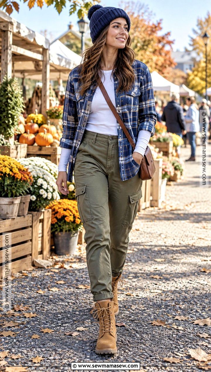 Blue Plaid Overshirt With Cargo Pants - 15 Blue Plaid Fall Fashion Ideas