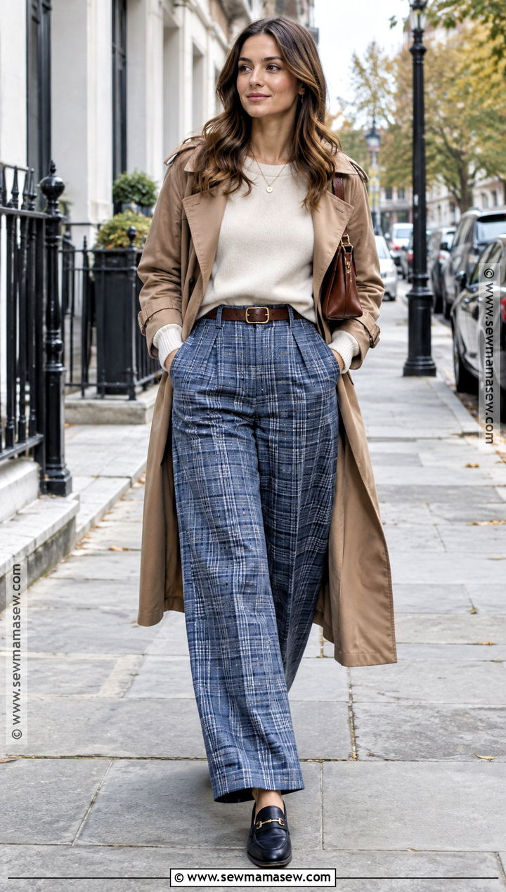 Blue Plaid Pants With a Cream Sweater - 15 Blue Plaid Fall Fashion Ideas
