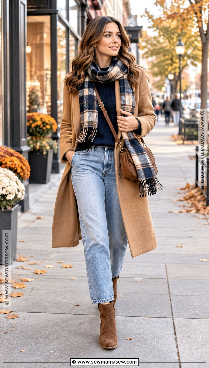 Blue Plaid Scarf With a Sweater and Jeans - 15 Blue Plaid Fall Fashion Ideas