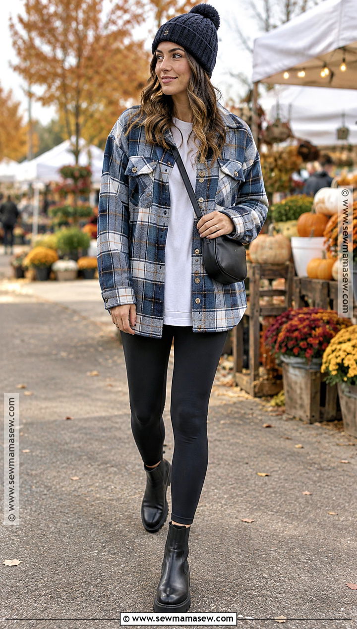 Blue Plaid Shacket And Black Leggings Outfit - 20 blue fall outfits