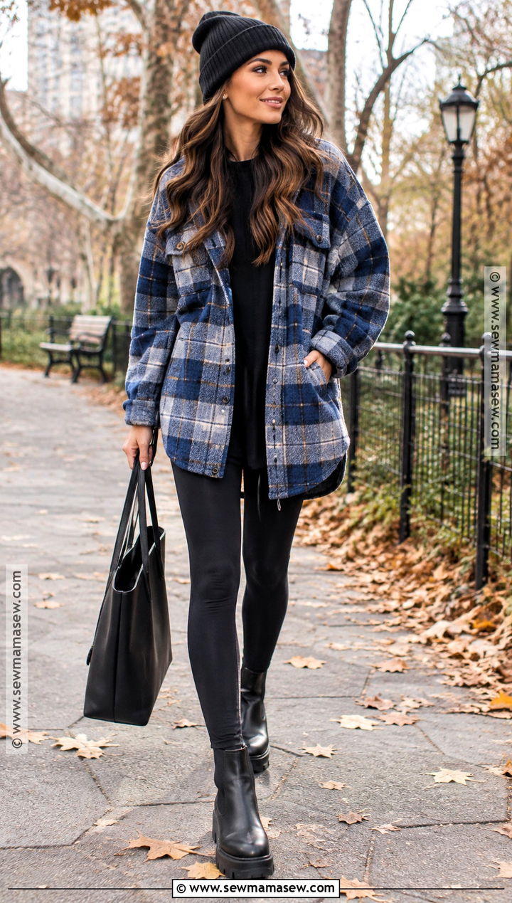 Blue Plaid Shacket With Black Leggings - 15 Blue Plaid Fall Fashion Ideas