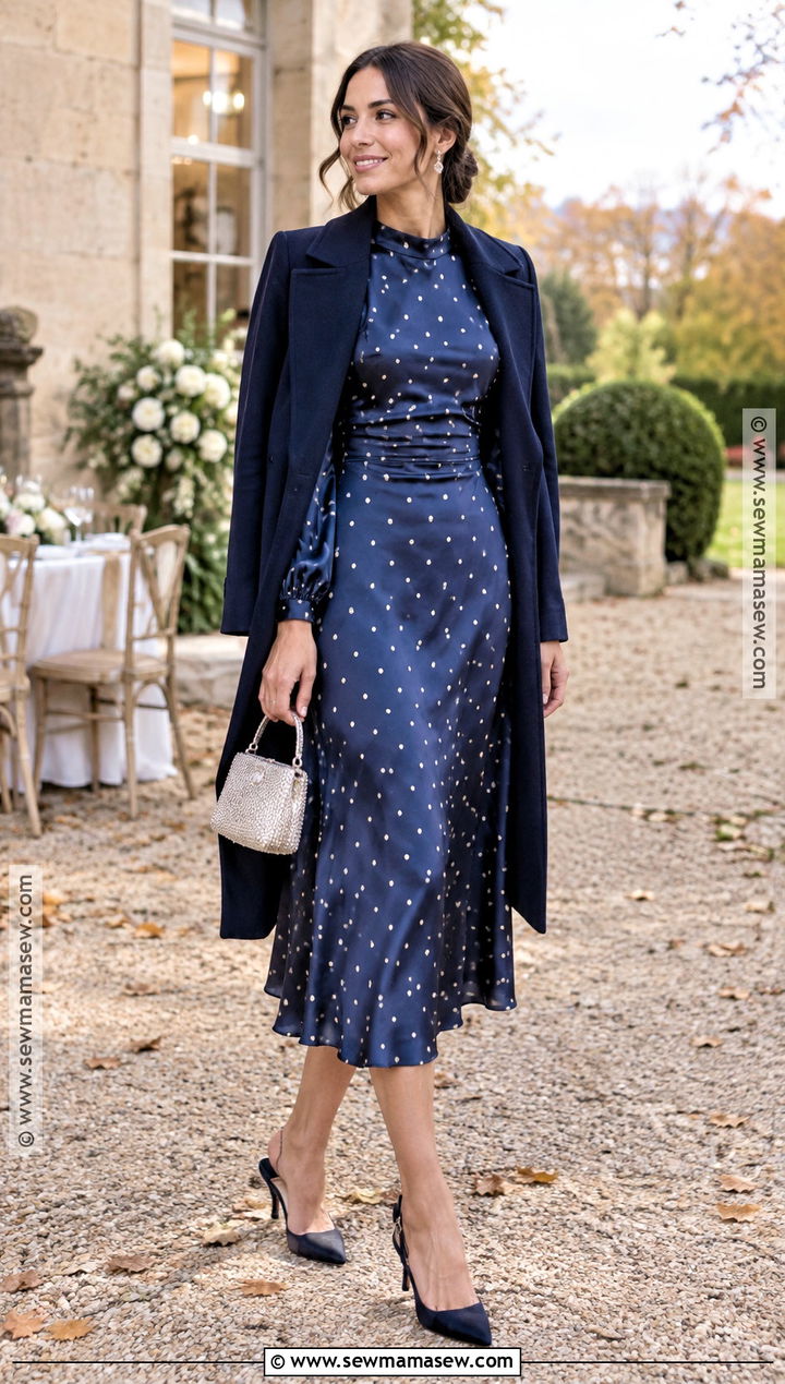 Blue Polka Dot Midi Fall Wedding Guest Outfit - 15 outfits for fall wedding guest