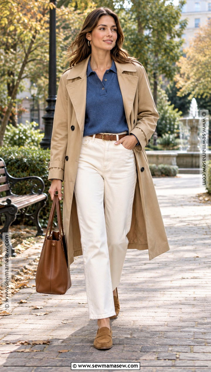 Blue Polo Sweater With Ecru Jeans - 15 Cozy Blue Sweater Fall Fashion Ideas