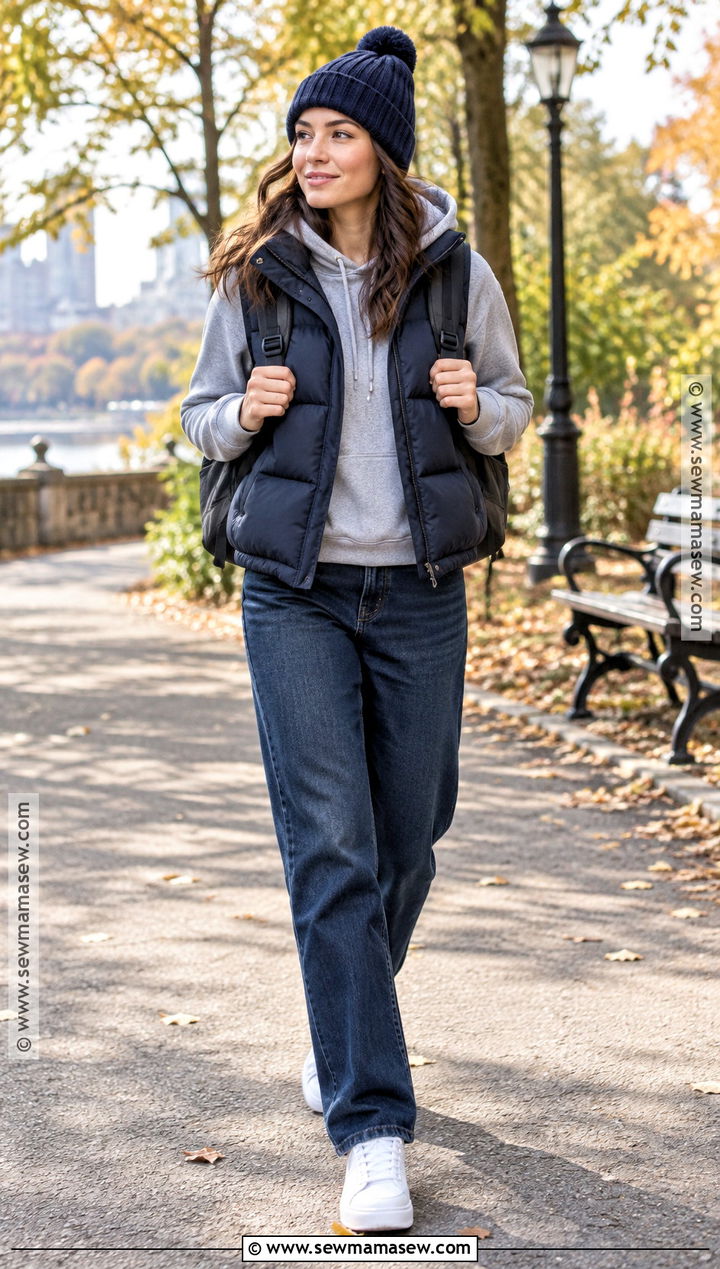Blue Puffer Vest With a Hoodie and Jeans - 15 blue cozy fall fashion ideas