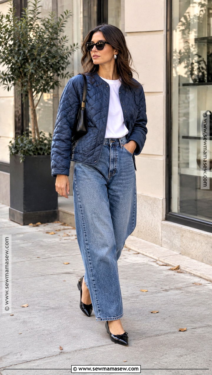 Blue Quilted Jacket With Barrel Jeans And Ballet Flats - 15 blue quilted jacket fall ideas