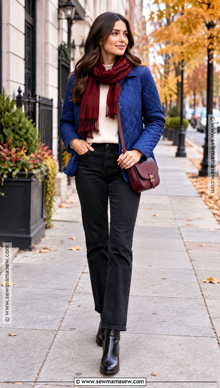 Blue Quilted Jacket With Black Jeans And Red Accessories - 15 blue quilted jacket fall ideas