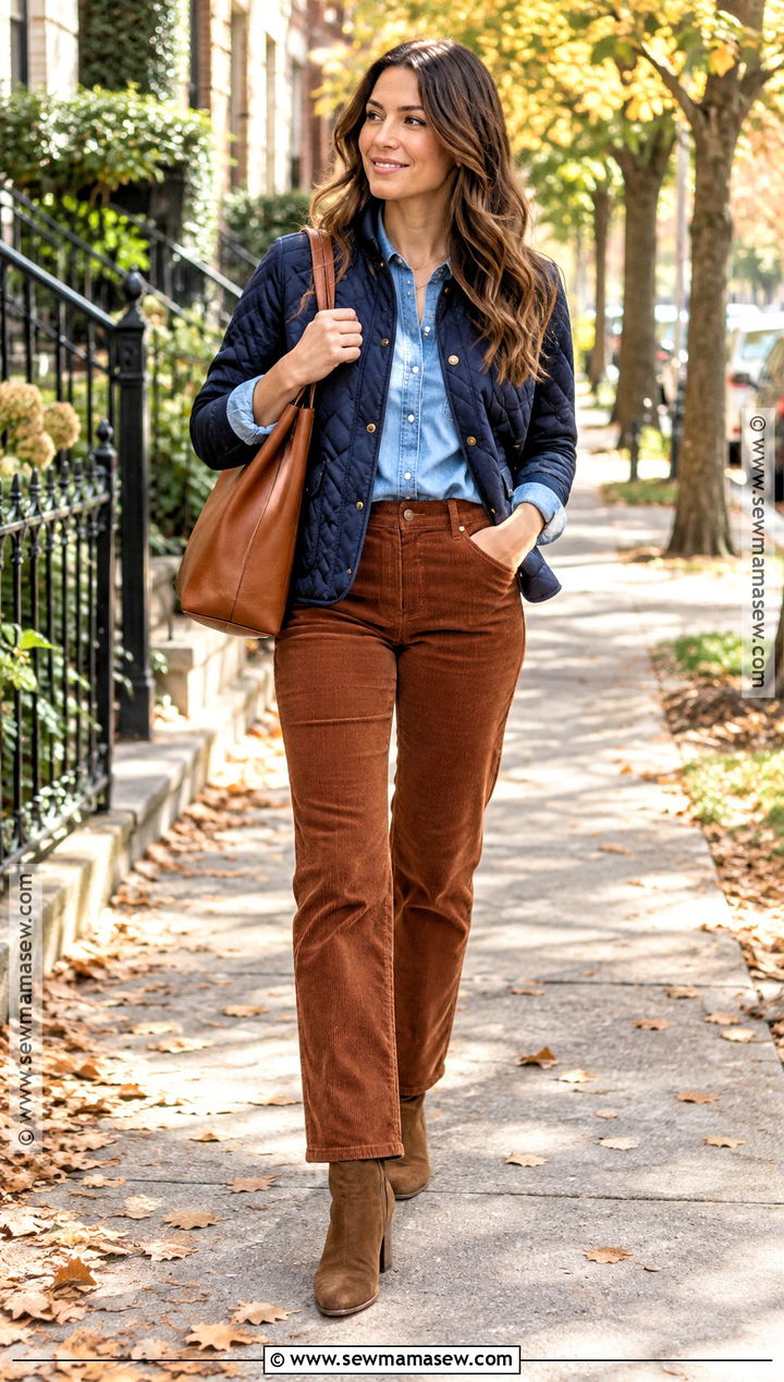 Blue Quilted Jacket With Denim Shirt And Corduroy Pants - 15 blue quilted jacket fall ideas
