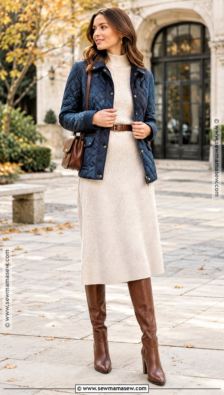 Blue Quilted Jacket With Sweater Dress And Knee Boots - 15 blue quilted jacket fall ideas