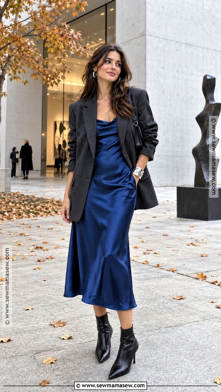 Blue Satin Midi Dress With Oversized Blazer - 20 Blue Fall Dress Ideas
