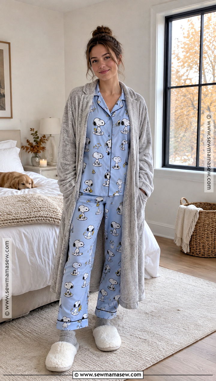 Blue Snoopy Button Up PJs With White Slippers - 15 american eagle snoopy pjs fall ideas