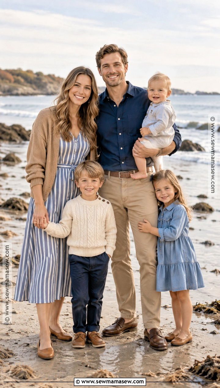 Blue Stripes And Khaki Fall Beach Family Photo Outfits - 20 fall beach family photos outfits