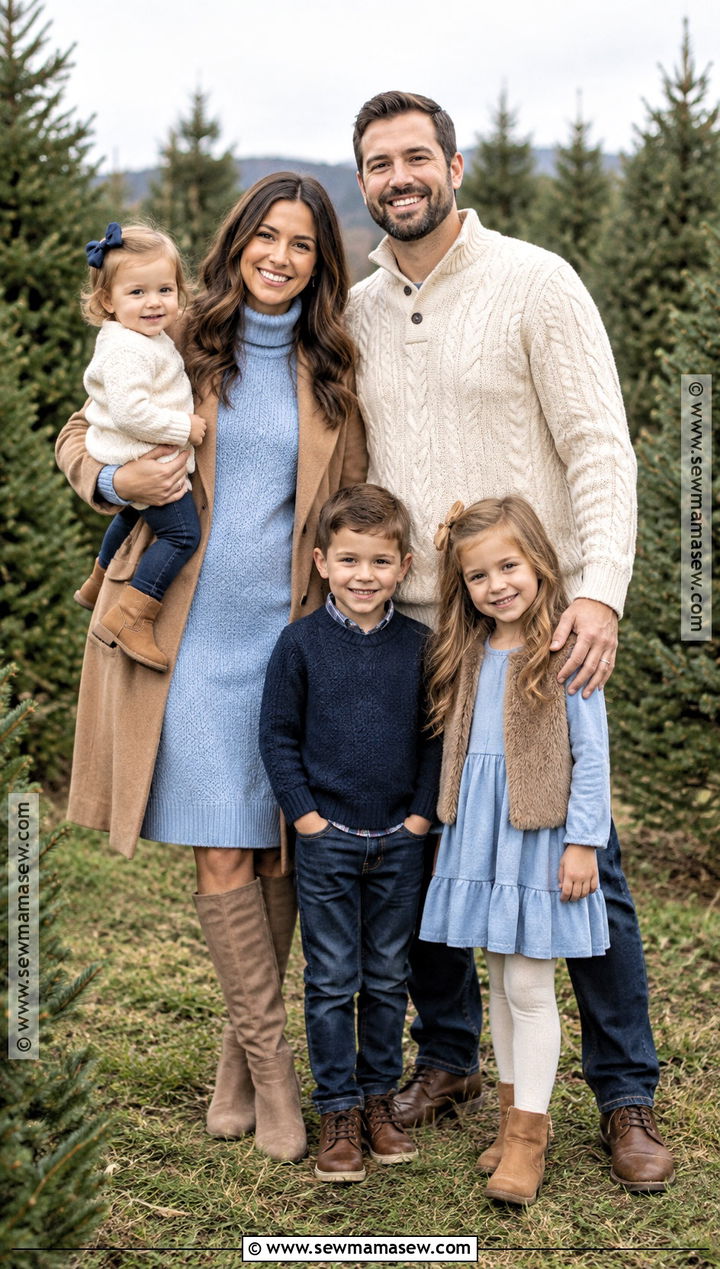 Blue Sweater Dress And Dark Denim Family Outfit - 20 blue fall family pictures outfits