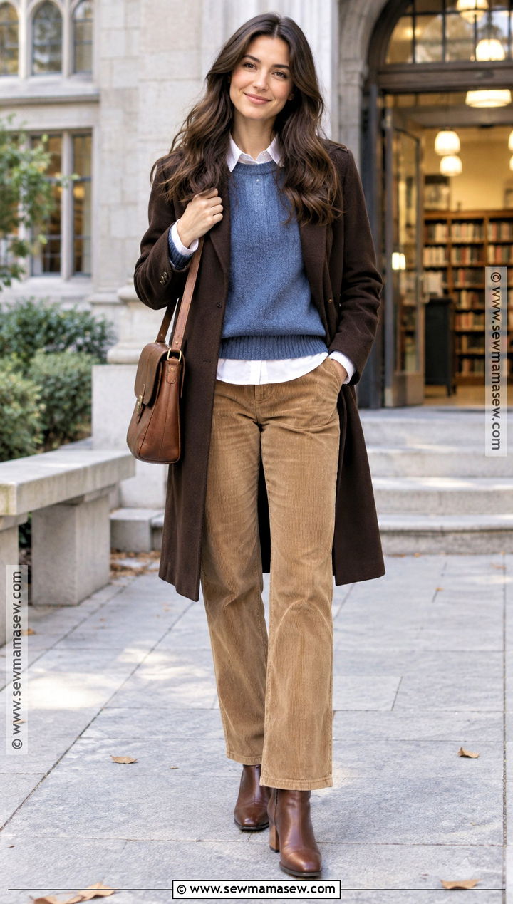 Blue Sweater Over White Shirt With Corduroy Pants - 15 Cozy Blue Sweater Fall Fashion Ideas