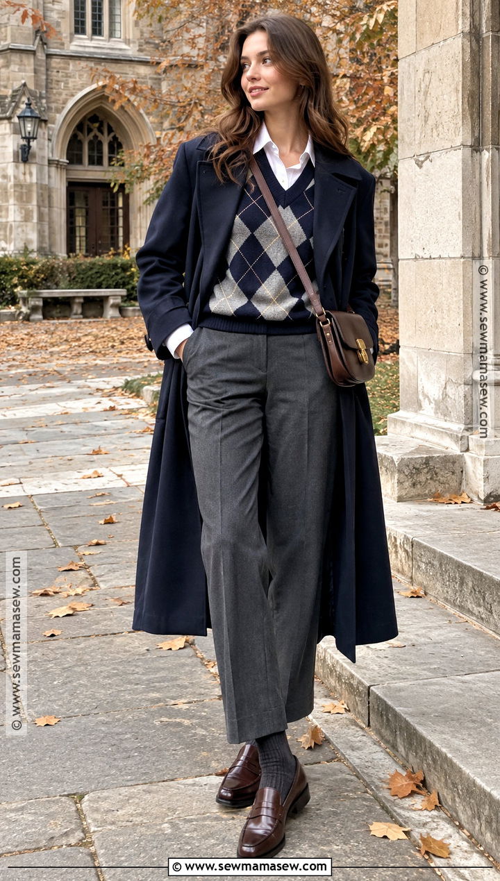 Blue Sweater Vest With White Shirt And Loafers - 15 Autumn Blue Knitwear Ideas