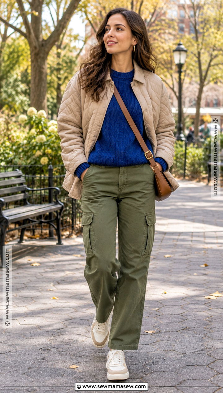 Blue Sweater With Olive Cargo Pants And Sneakers - 15 autumn blue sweater style ideas