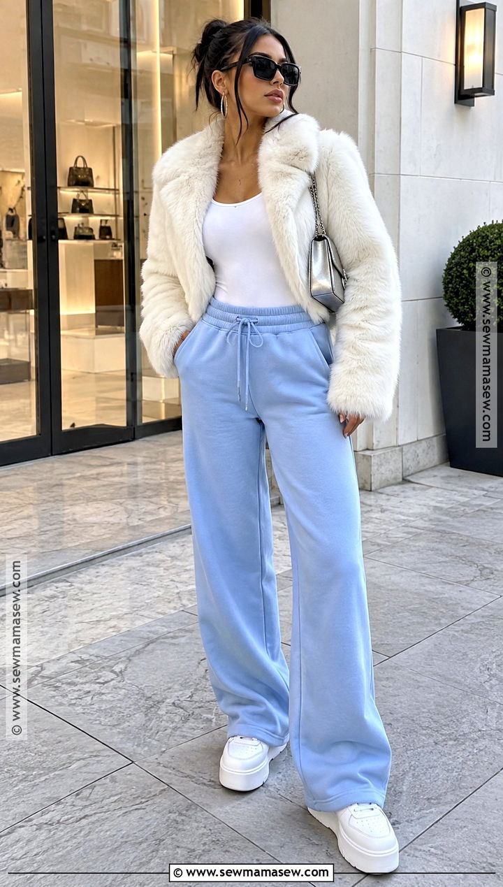 Blue Sweatpants Outfit With Faux Fur Jacket - 15 fall sweatpants outfits baddie