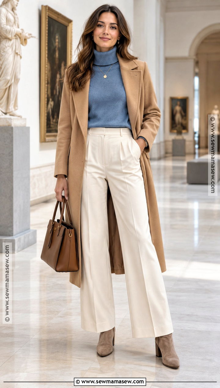 Blue Turtleneck Sweater With Cream Trousers And Boots - 15 autumn blue sweater style ideas