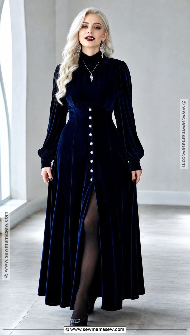 Blue Velvet Vampire Dress With Silver Jewelry - 30 vampire dresses