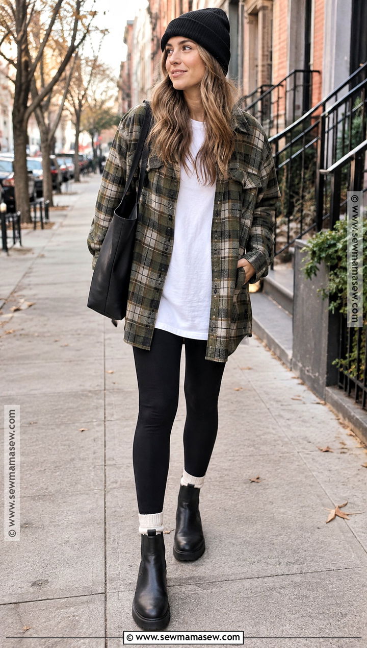 Blundstone Boots With Black Leggings And Oversized Shacket - 20 Blundstone Women Outfit Fall Ideas