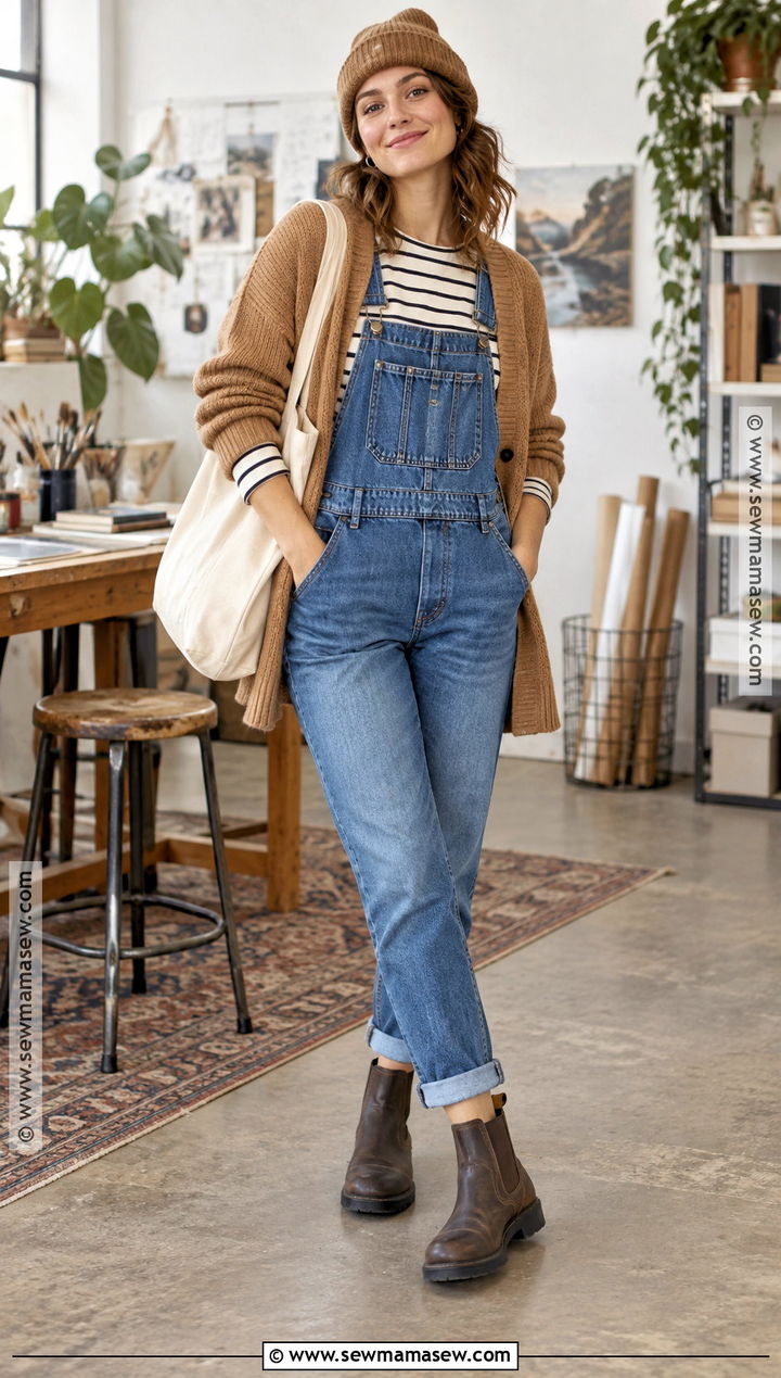 Blundstone Boots With Denim Overalls And Striped Shirt - 20 Blundstone Women Outfit Fall Ideas