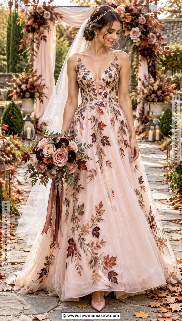 Blush Autumn Leaf Wedding Dress - 15 Autumn Leaf Wedding Dress Ideas