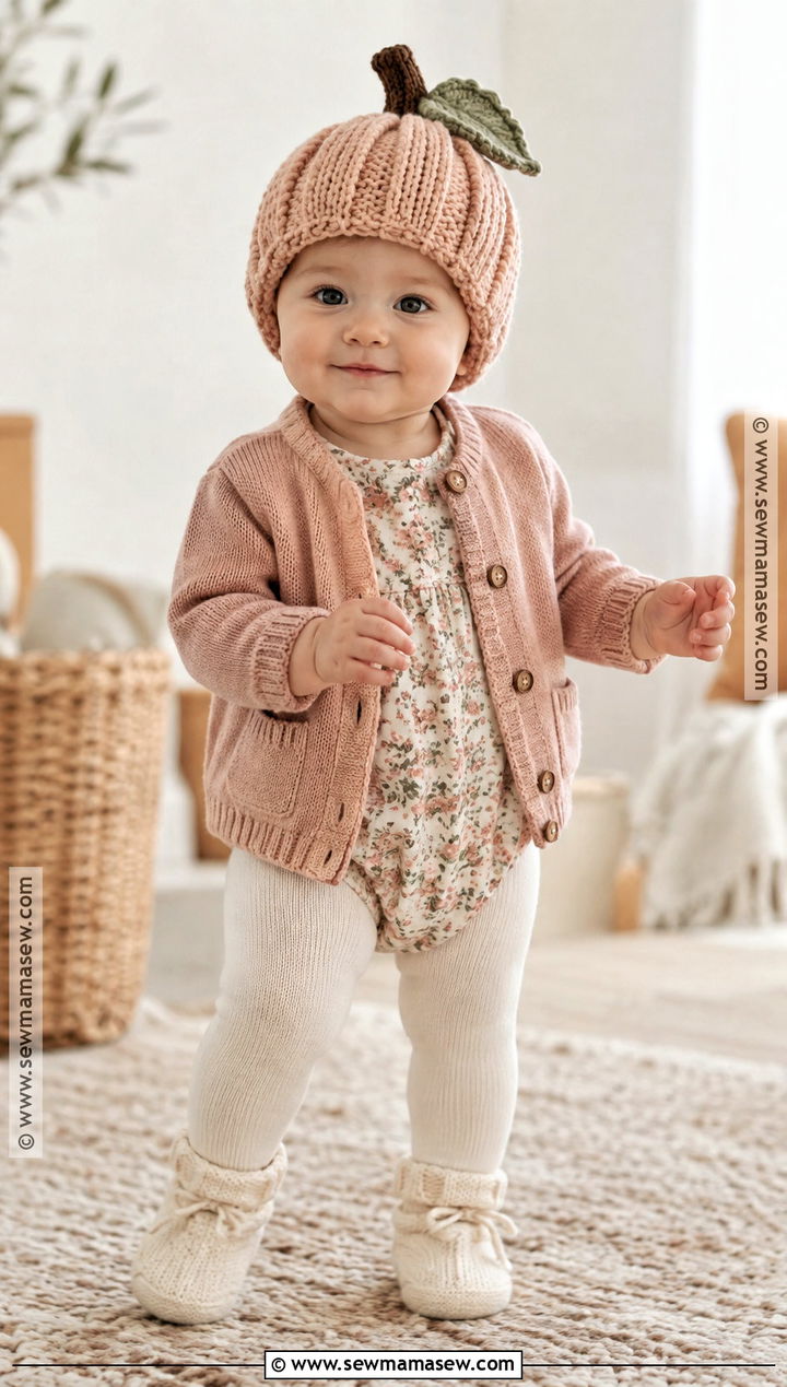 Blush Baby Pumpkin Hat With Floral Romper - 20 baby pumpkin hat ideas